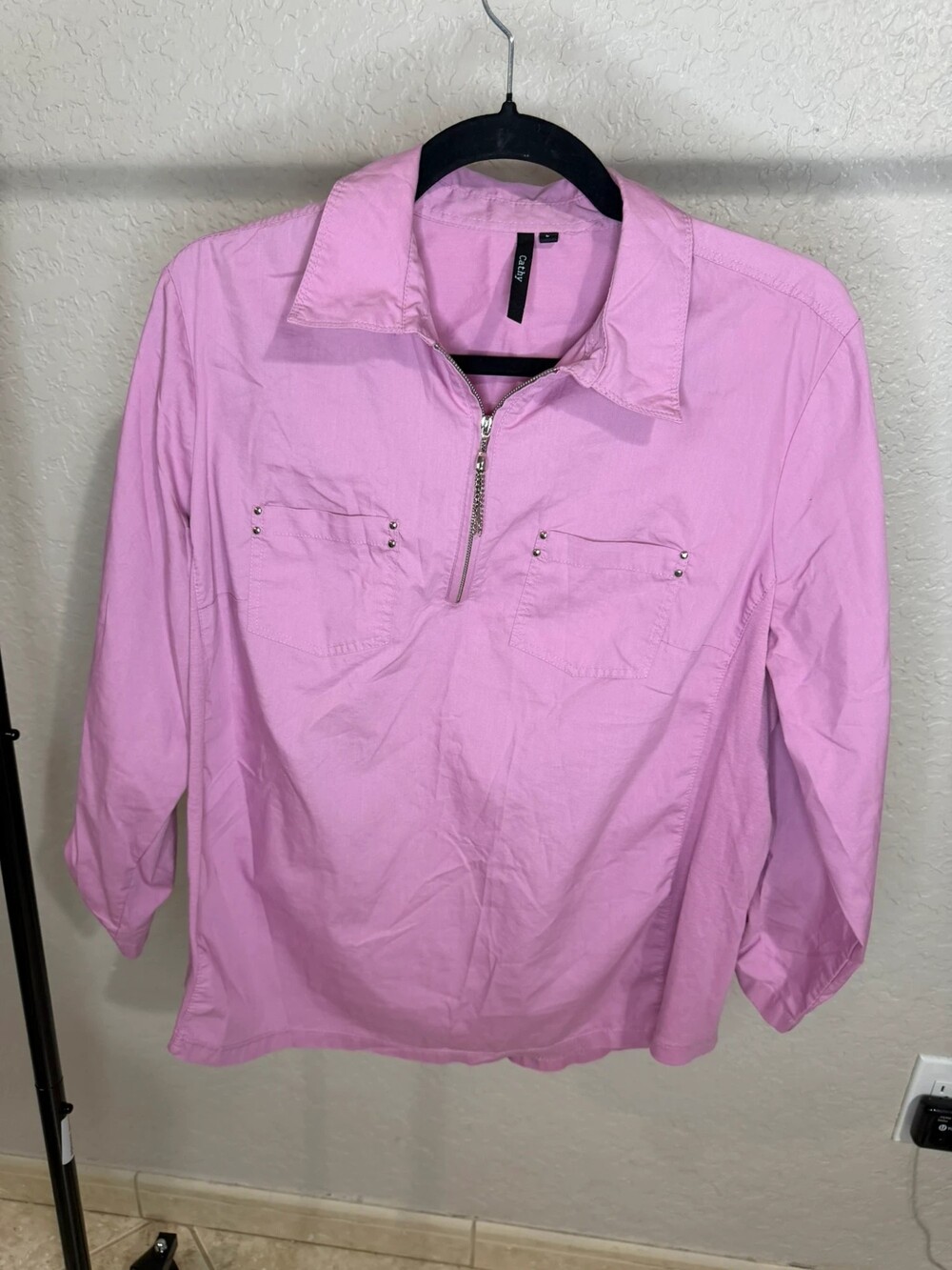 Cathy Pink Quarter-Zip Roll-Tab Sleeve Utility Blouse - Size L